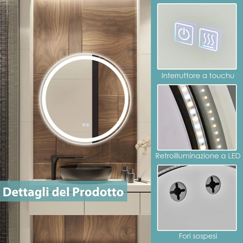 Specchio Bagno con LED, Specchio da Parete IP44 con Luce Regolabile 3000-6000k a 3 Colori, Telaio in Alluminio e Funzione Disappannamento per Paccucchiere e Camerino (Rotondo Ø 60cm)