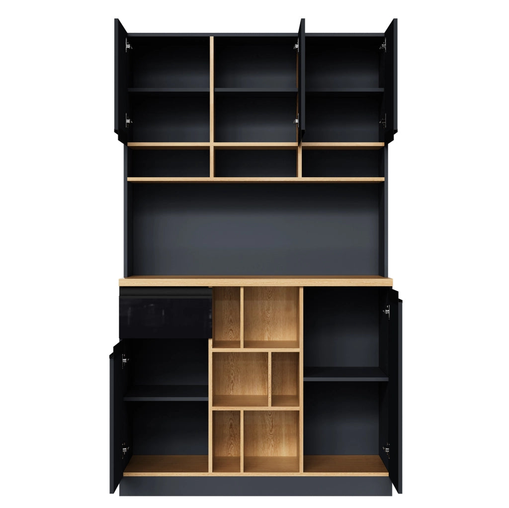 Credenza alta da cucina 105x45x185 cm in MDF antracite e nero lucido con ante e cassetto