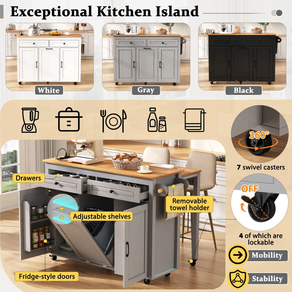 Carrello da Cucina con 2 Ante; Ripiani Regolabili; Piano Estensibile; Prese e Vano Pattumiera; per Cucina; in MDF; 120 x 40-75 x 92 cm; Grigio