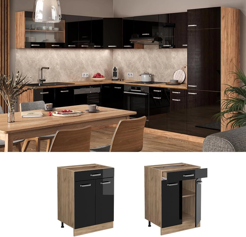 Mobiletto base per cucina R-Line, Nero lucido, 60 cm con cassetto, senza piano di lavoro, per la libera combinazione all'interno di sistemi cucina modulari