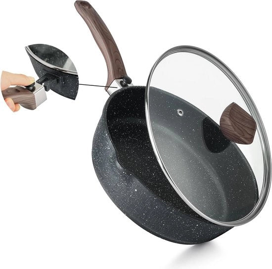 Pentola antiaderente con coperchio 255 cm - Padella con manico in legno rimovibile - Rivestimento in granito - Cottura inductive -Compatibile con tutti i fornelli - PFOA libero