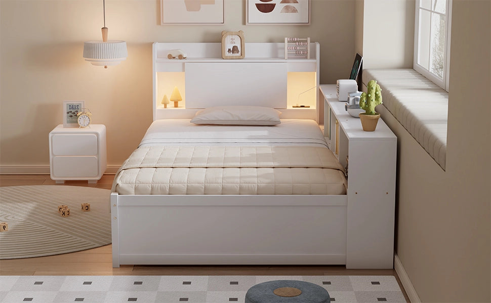 Letto singolo con funzione di illuminazione e contenimento in legno di pino e MDF 90x200 cm