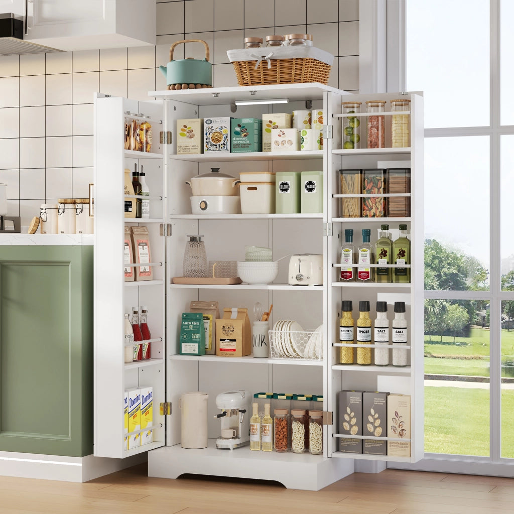 Credenza da cucina con LED sensor e 5 ripiani regolabili, per cucina e soggiorno, in MDF, bianco, 60 × 35 × 128 cm
