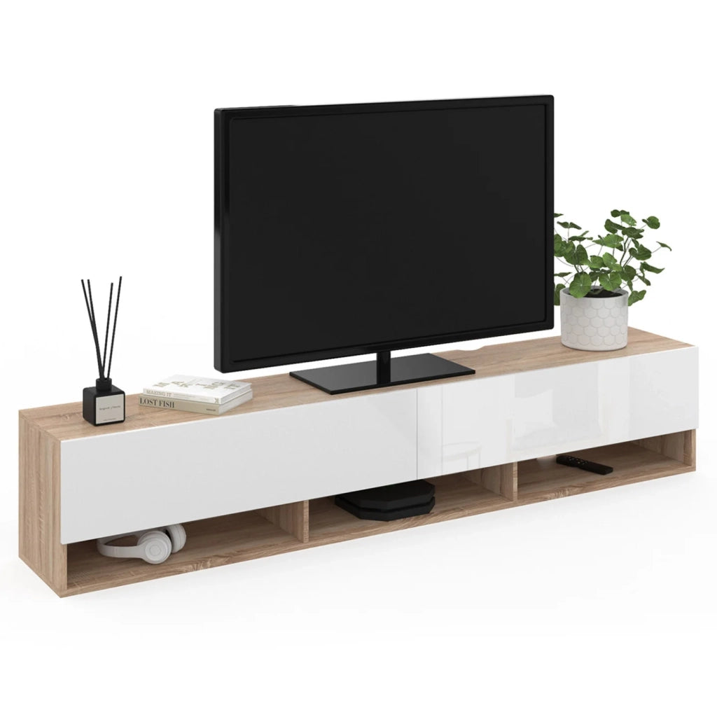 IDMarket - Mueble TV suspendido ELIO 2 puertas con estantes de madera y blanco 180 cm