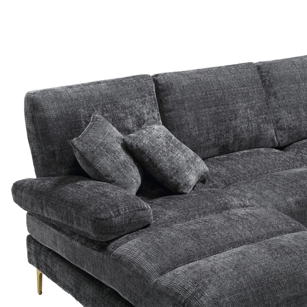 Divano componibile a U in ciniglia grigia con 2 chaise longue e piedi in metallo