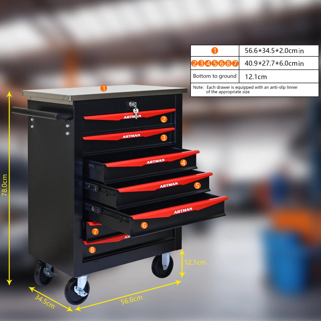 Mobile contenitore con 7 cassetti e ruote con serratura per garage e officina; in acciaio nero e rosso