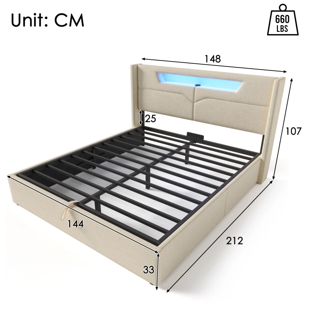 Letto matrimoniale 140x200 in lino beige con LED; USB Type-C e contenitore