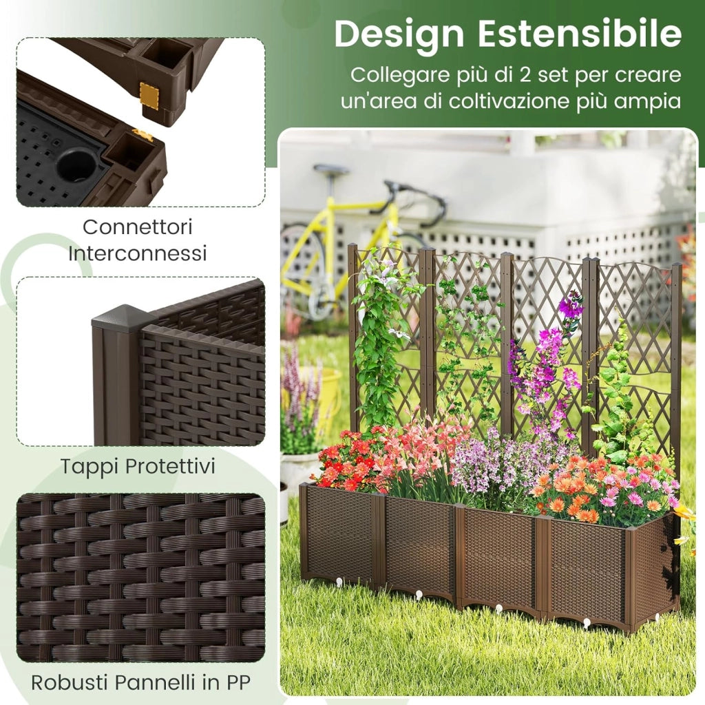 Letto da Giardino Elevato con Trellis a Lattice, Fioriera Autoinnaffiata per Piante Rampicanti, Fiori e Verdure, Fioriera Verticale da Interni e Esterni (Marrone,80 x 40 x 140 cm)