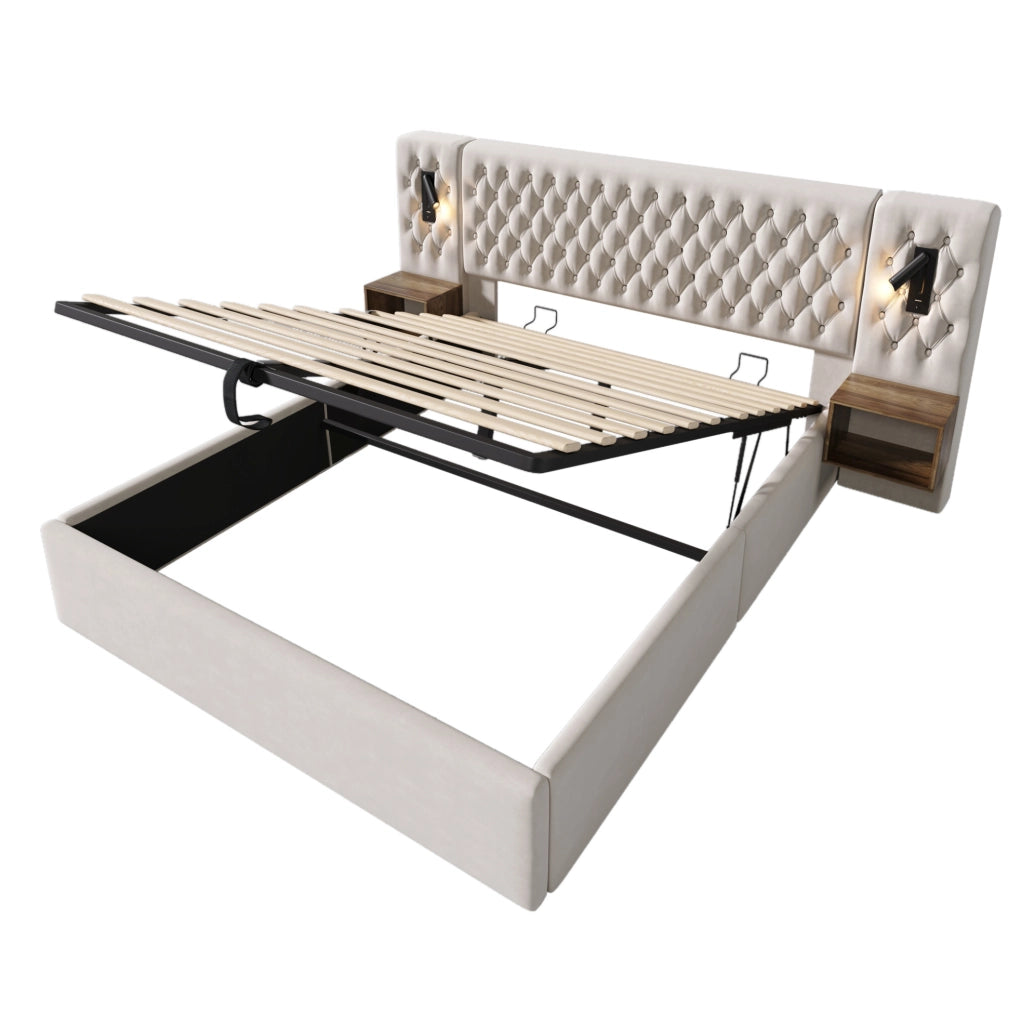 Bettgestell 180x200 cm con contenitore idraulico; 2 comodini; luci lettura USB e Type-C; beige