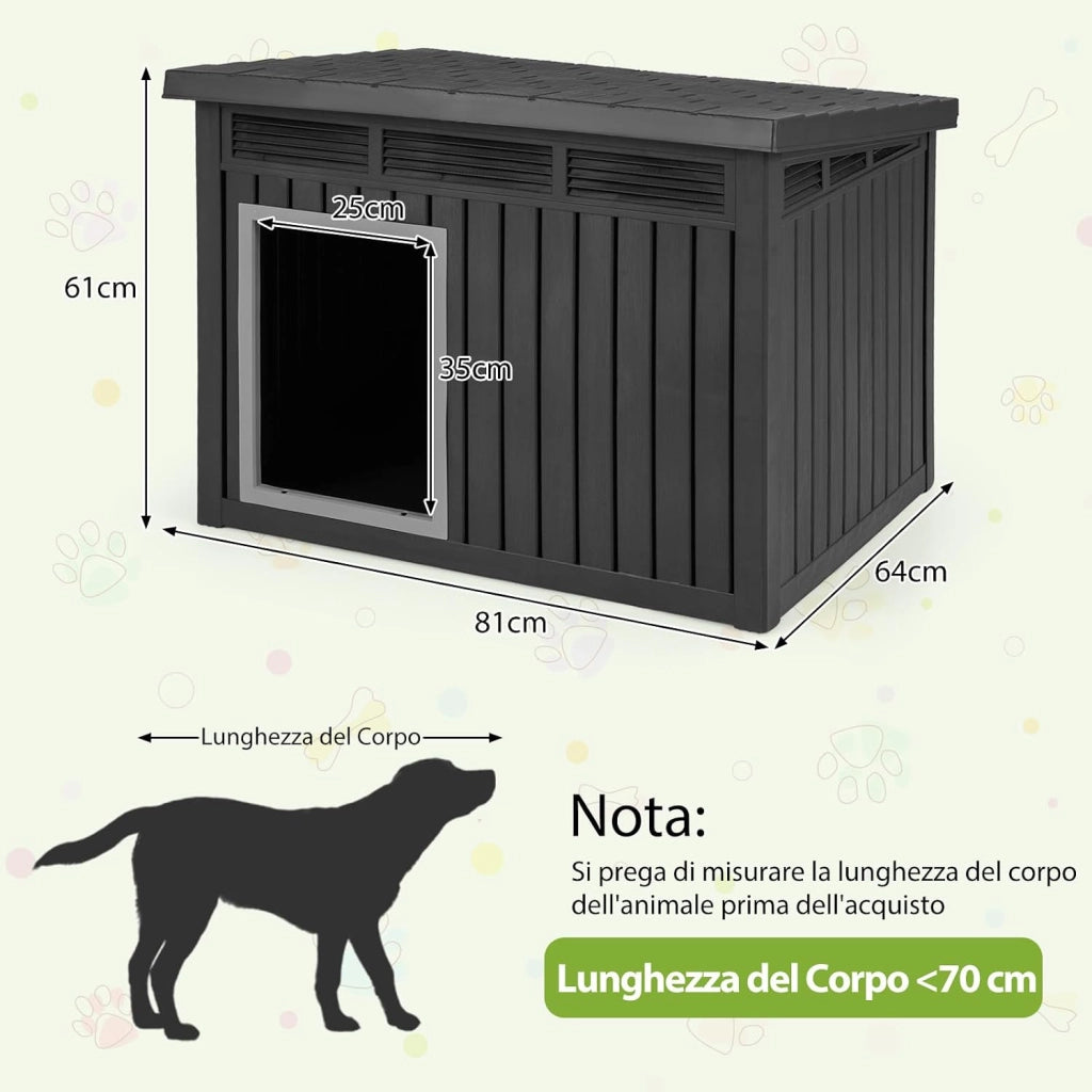 Cuccia per Cani, Cassetta per Animali Domestici in PP con Tetto Inclinato Apribile, Finestre Ventilate a Lamelle e Soglia Rialzata, Cuccia da Interna ed Esterna, 81 x 64 x 61 cm