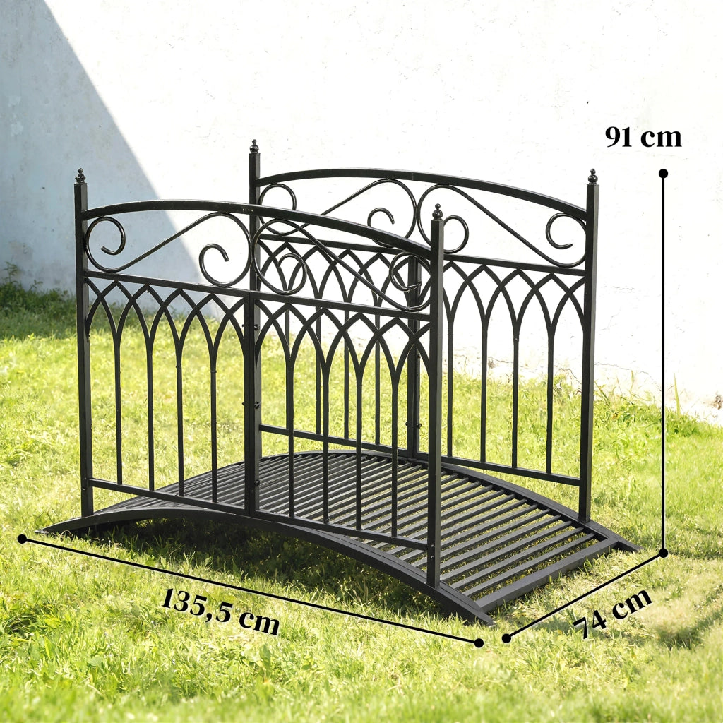 Ponte da giardino decorativo 135.5 x 74 x 91 cm ringhiera sicura resistente alle intemperie stile classico in metallo nero 21_0005705