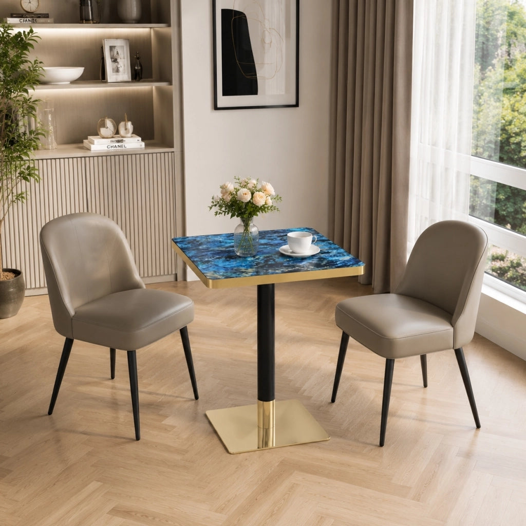 Tavolo quadrato 60x60 cm con piano effetto marmo; struttura in metallo; blu
