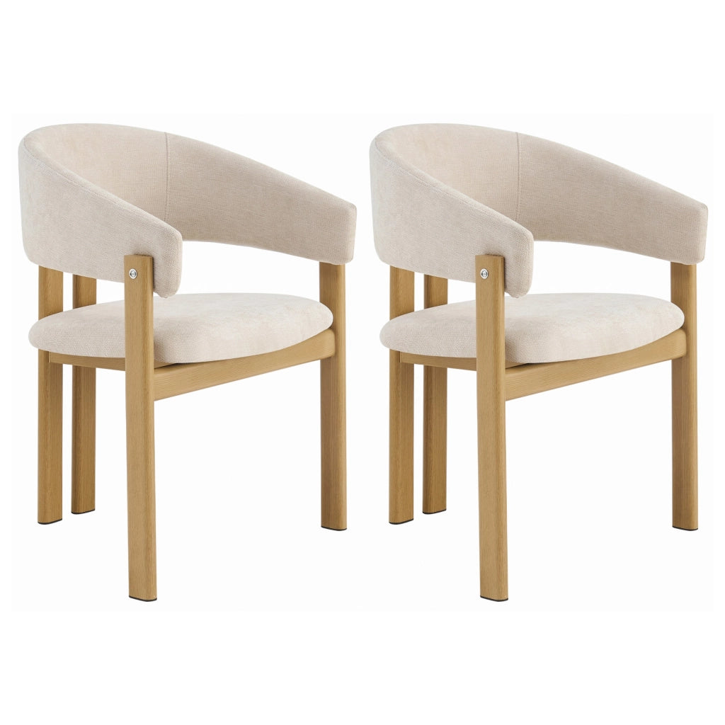 Sedia da pranzo, set da 2, gambe in metallo effetto legno, lino, color naturale e beige