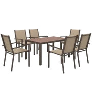 Set da Giardino 7 Pezzi in Plastica con 6 Sedie Impilabili e Tavolo Rettangolare, Kaki e Marrone