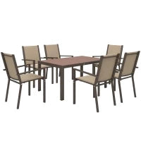 Set da Giardino 7 Pezzi in Plastica con 6 Sedie Impilabili e Tavolo Rettangolare, Kaki e Marrone