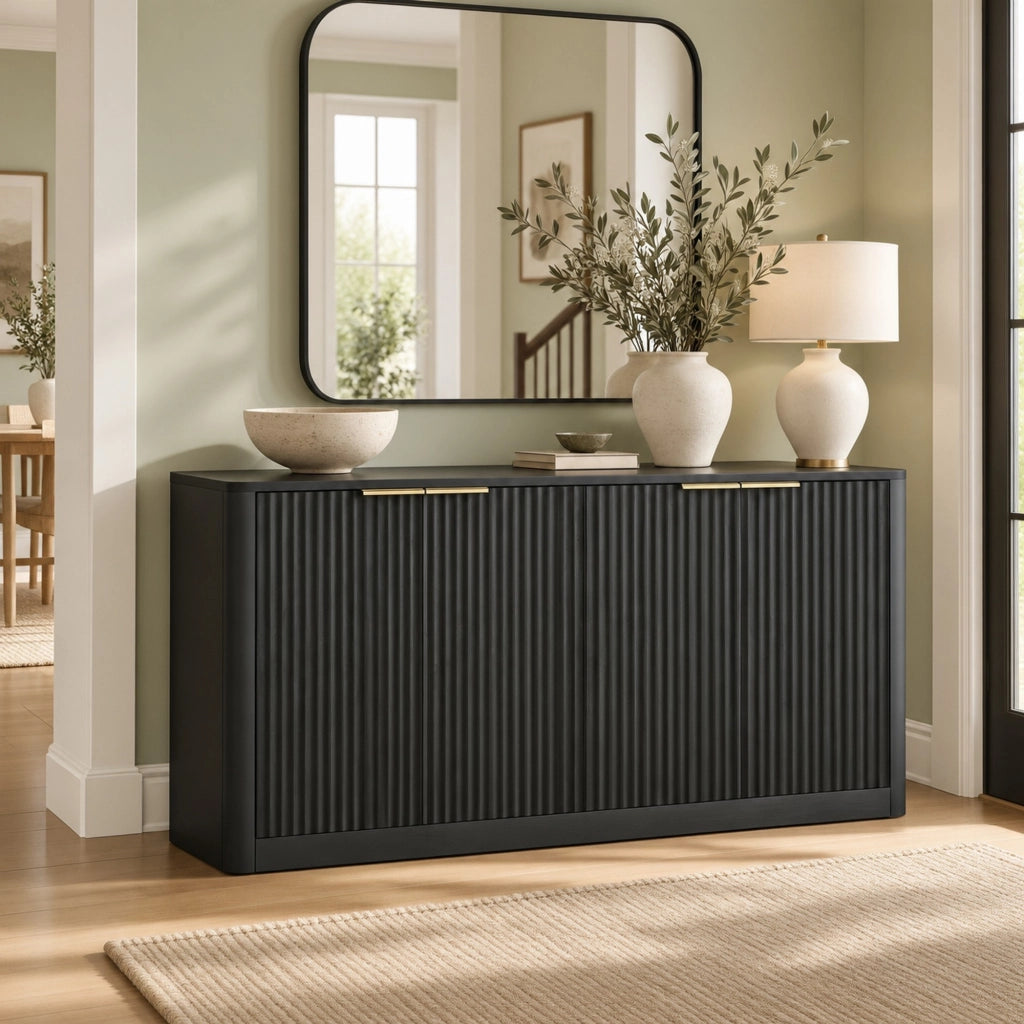 Credenza 150x40x70,5 cm a 4 ante in MDF nero con pannelli ondulati