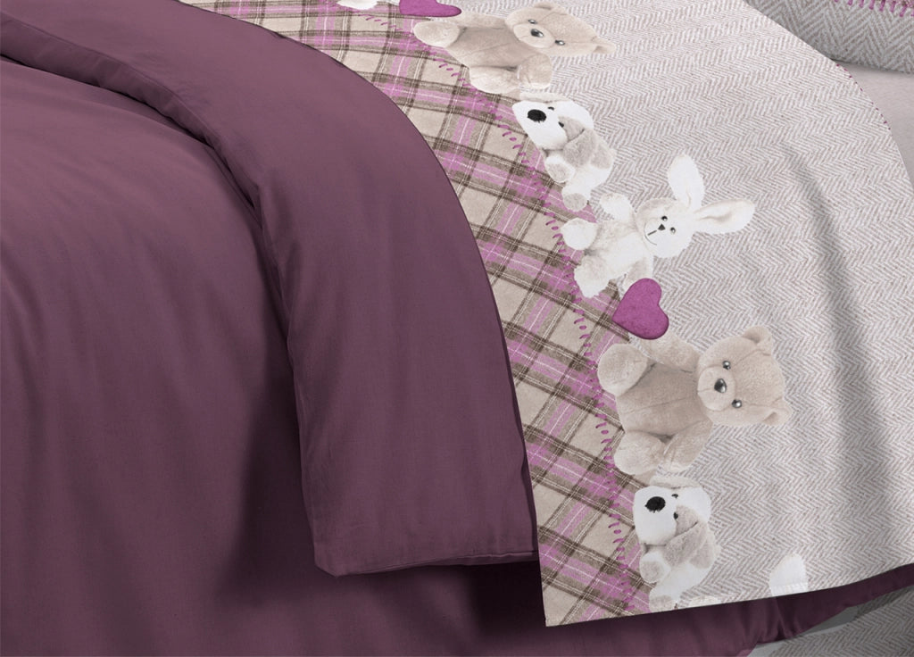 Completo Lenzuola Linea Pensieri Delicati 100% Cotone Disegno Peluche - Matrimoniale - Rosa