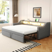 OKWISH Letto a Divano 90×190 cm, Letto Singolo con Letto Estraibile, 3 Ripiani, LED Regolabile e USB, senza Materasso, Grigio Chiaro