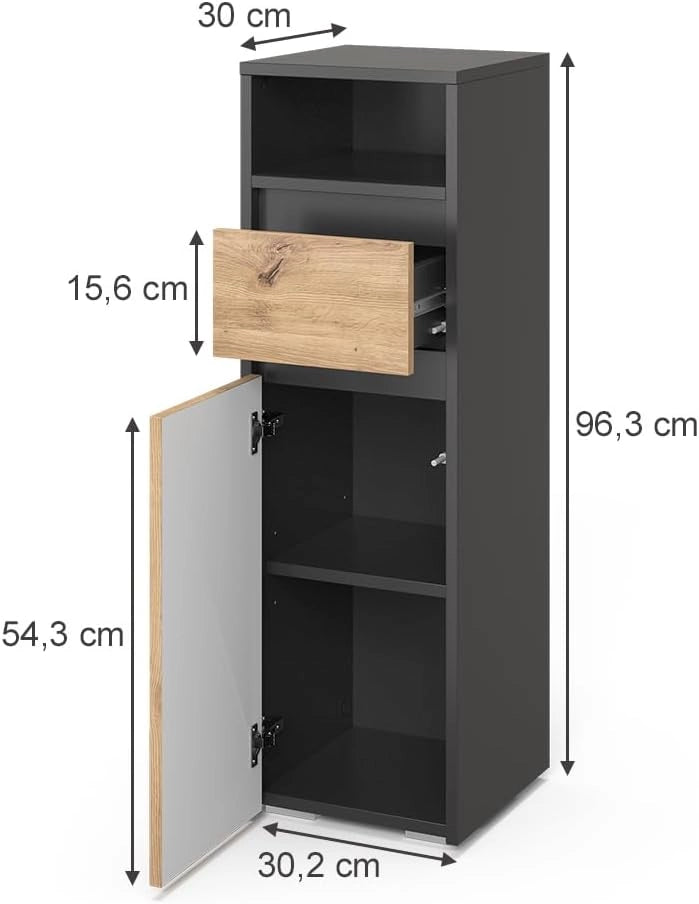 mobiletto bagno Majest, Antracite/Artisan, 30.2 x 96.3 cm con cassetto e anta