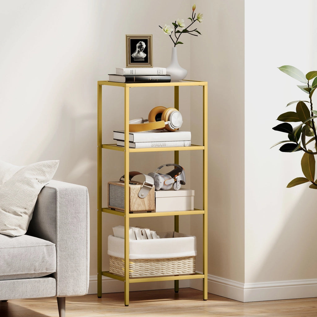 Mobiletto Scaffale a 4 Livelli Minimal in Metallo e Vetro Temperato, 40x30x96.5 cm, color Oro