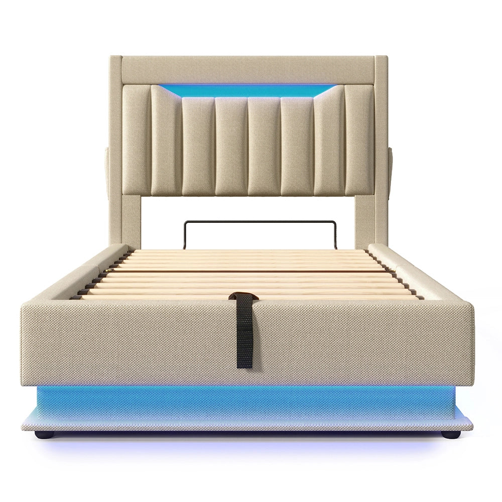 Letto singolo-Xylo-90x200 cm-LED, USB-C, testiera, idraulico, lino, beige