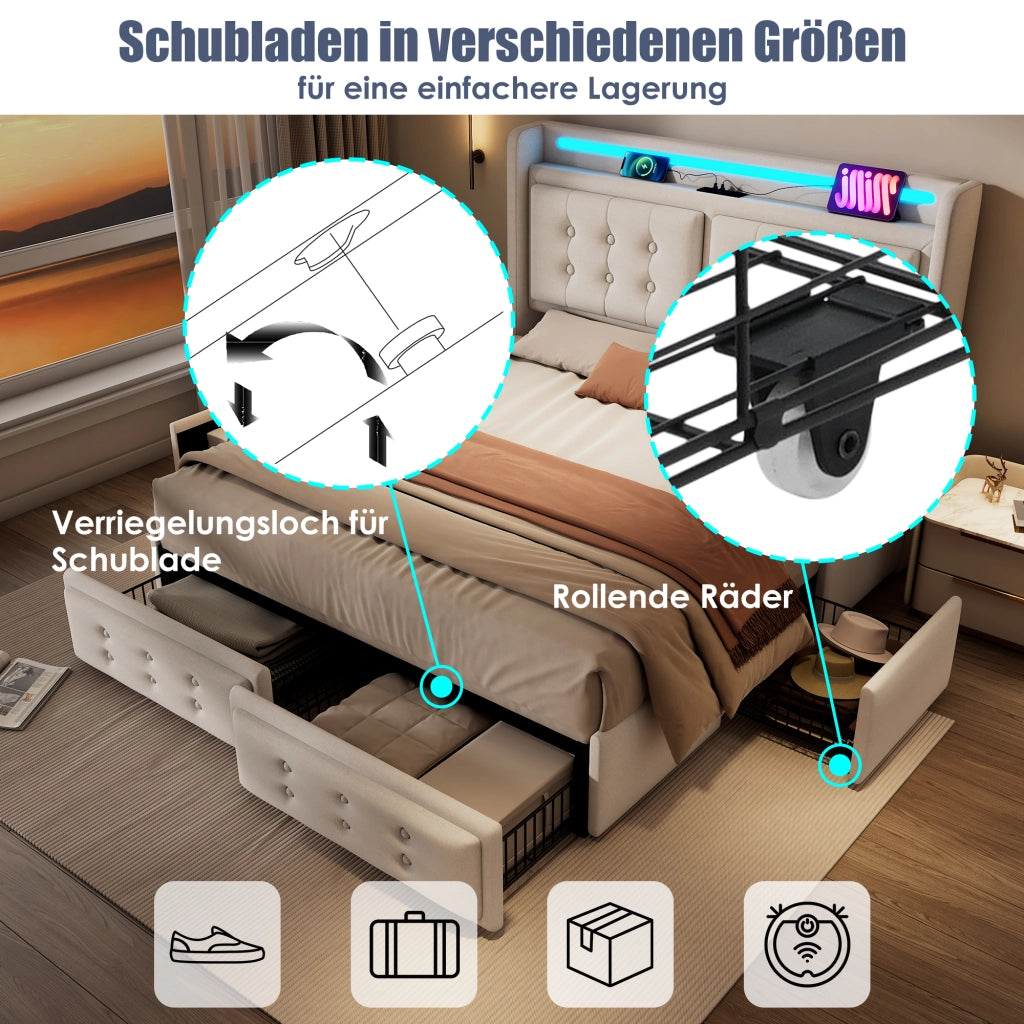 LETTO imbottito 140x200 cm in cotone-lino beige con LED, USB e 4 cassetti