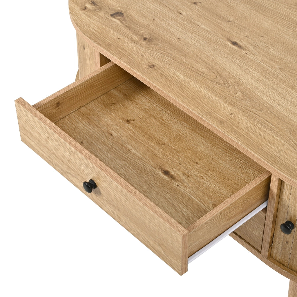 Tavolino ovale, finitura effetto legno, ante scorrevoli, 2 cassetti, in MDF, color legno naturale