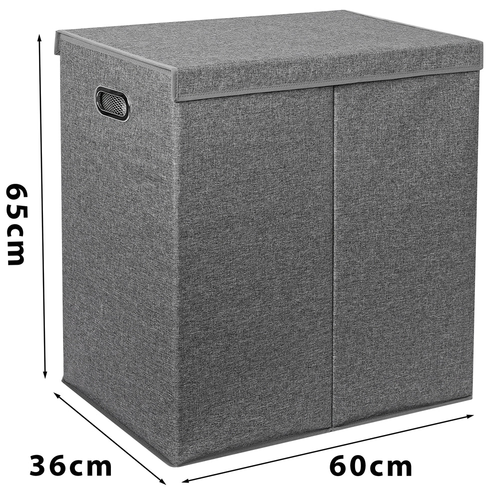 Cesto Portabiancheria con Doppio Scomparto, Coperchio e Manici in Metallo 64x36x65 cm