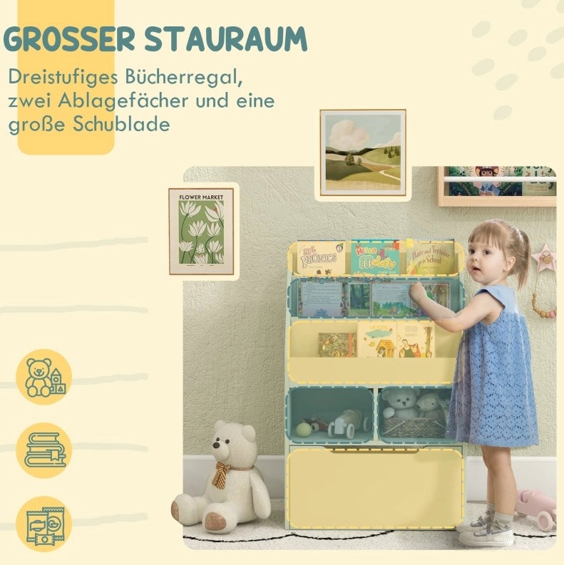 Libreria per bambini verde con cassetto e vani aperti 60 x 29,9 x 90 cm