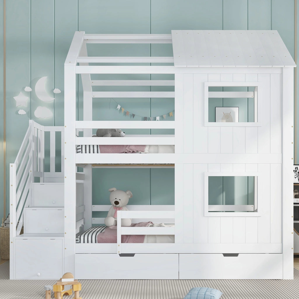 OKWISH Letto a Castello 90×200 cm, Letto Singolo con Scala Contenitore, Cassetto con Ruote e Finestre e Tetto, senza Materasso, Bianco