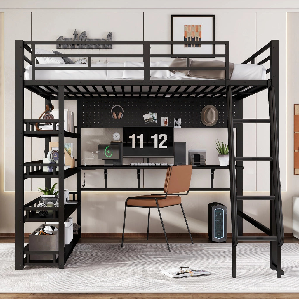 Letto a castello in ferro e truciolare nero con funzione di ricarica integrata 140x200 cm