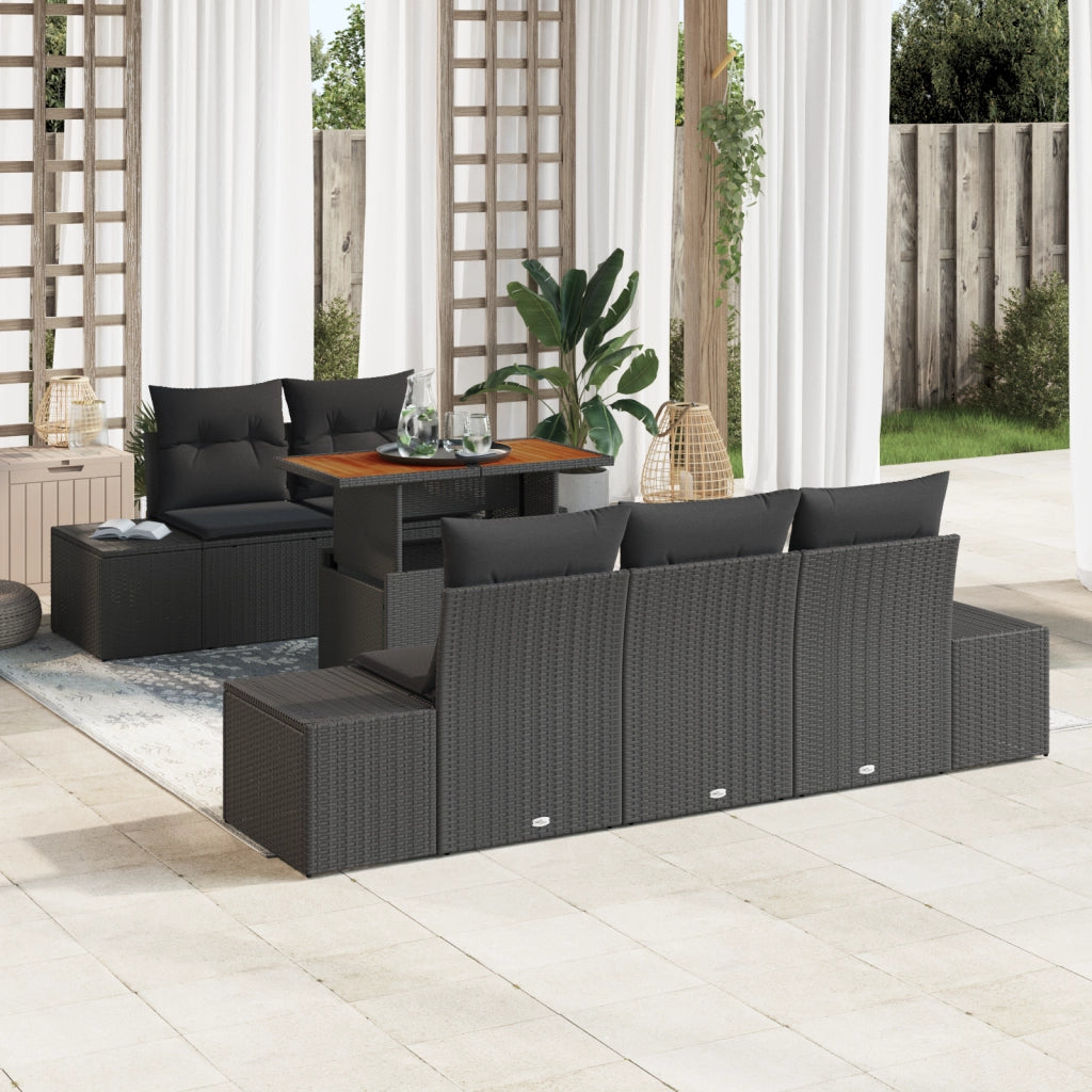 Set da Pranzo da Giardino 6 Pezzi con Cuscini in Rattan Sintetico e Acacia Nera