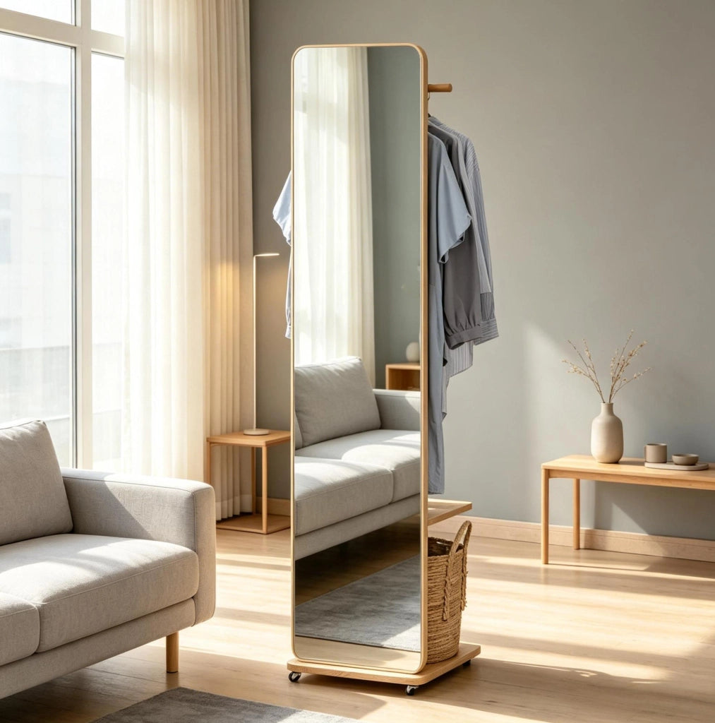 Specchio da terra 40x44,5x170 cm color legno in MDF con appendiabiti e ruote