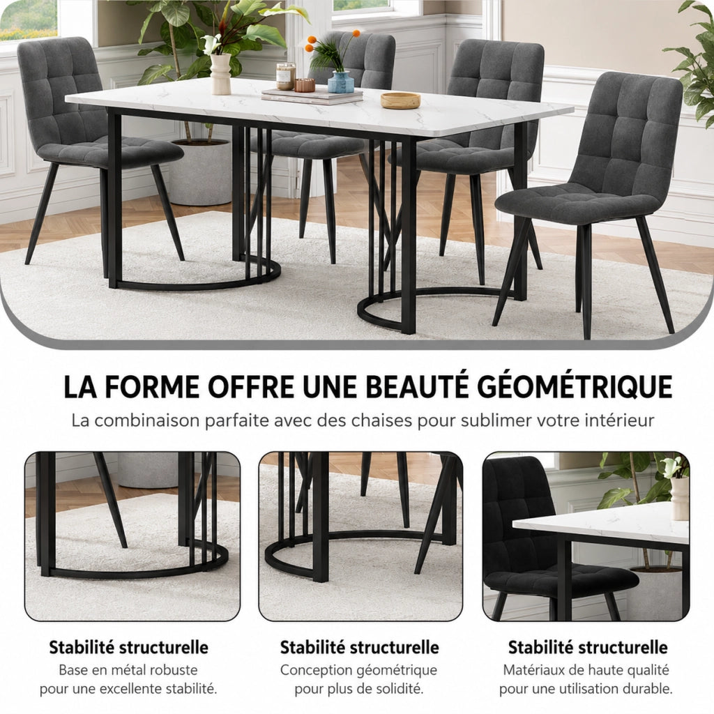 Tavolo da pranzo 140x80x75 cm con piedini regolabili; piano effetto marmo in MDF; bianco