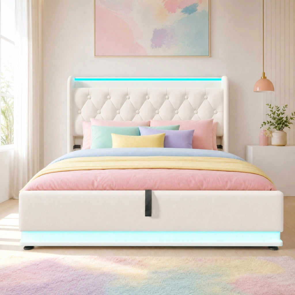 Letto matrimoniale imbottito 160x200 cm con LED; USB e contenitore idraulico; bianco PU