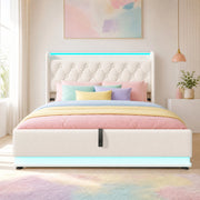 Letto matrimoniale imbottito 160x200 cm con LED; USB e contenitore idraulico; bianco PU