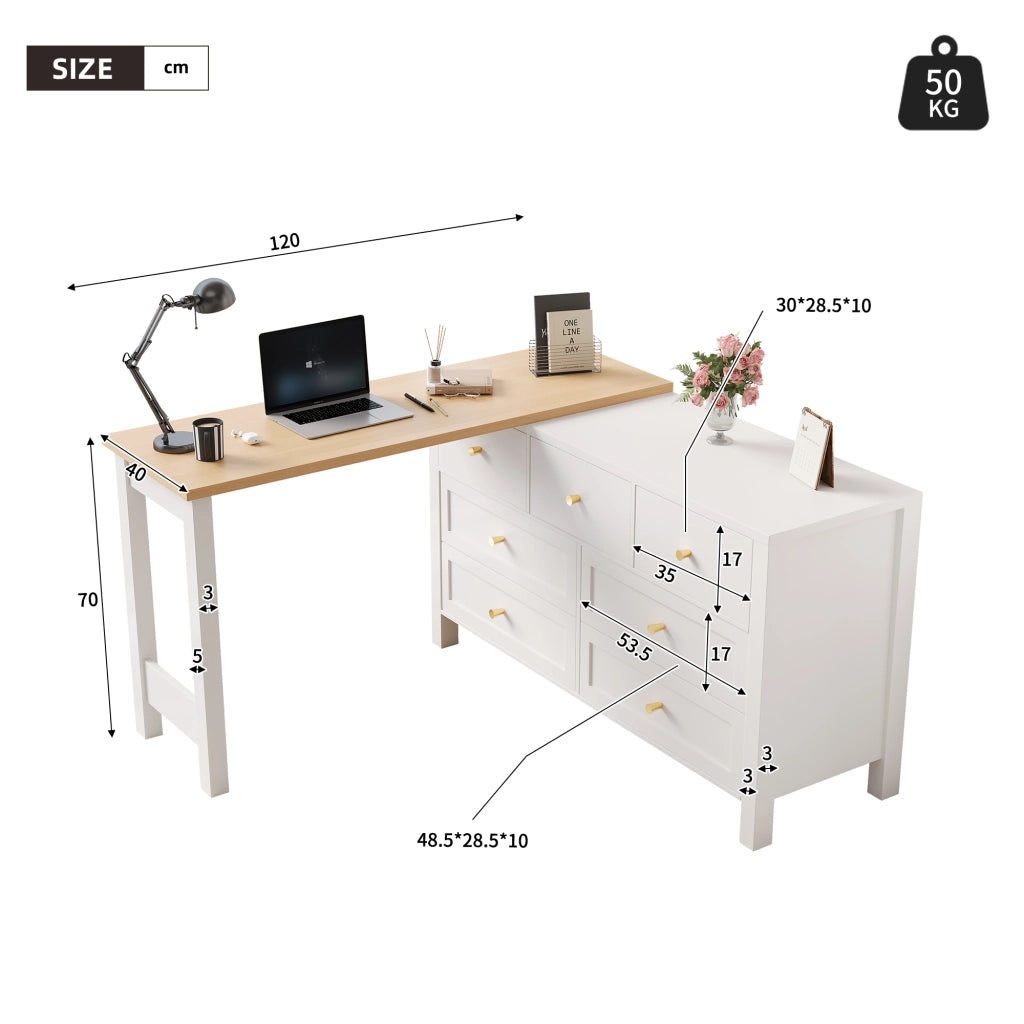 SCRIVANIA 2 in 1 con 7 cassetti 120x40x70 cm Bianco/Quercia
