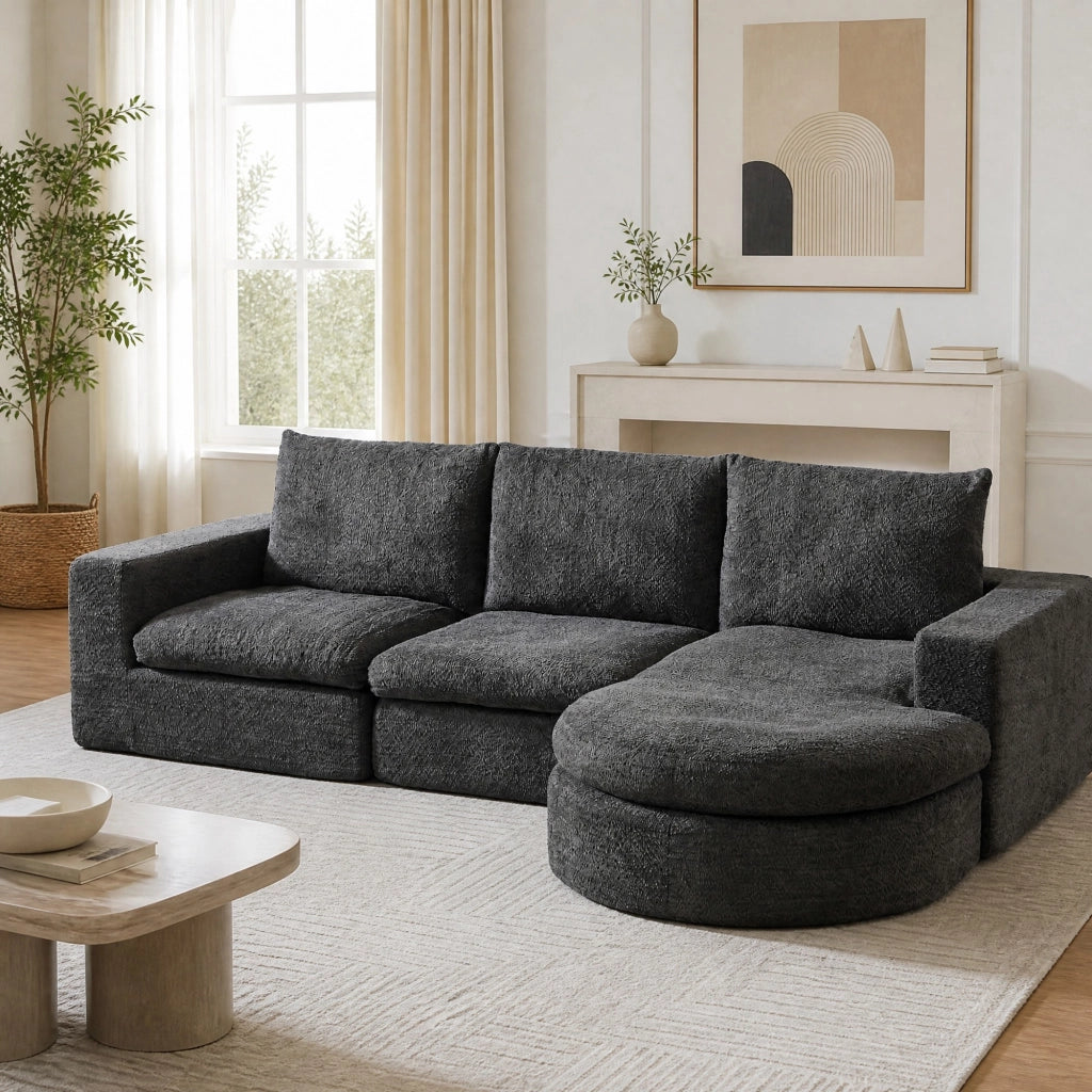 Divano modulare in ciniglia grigio con chaise longue reversibile e tre cuscini