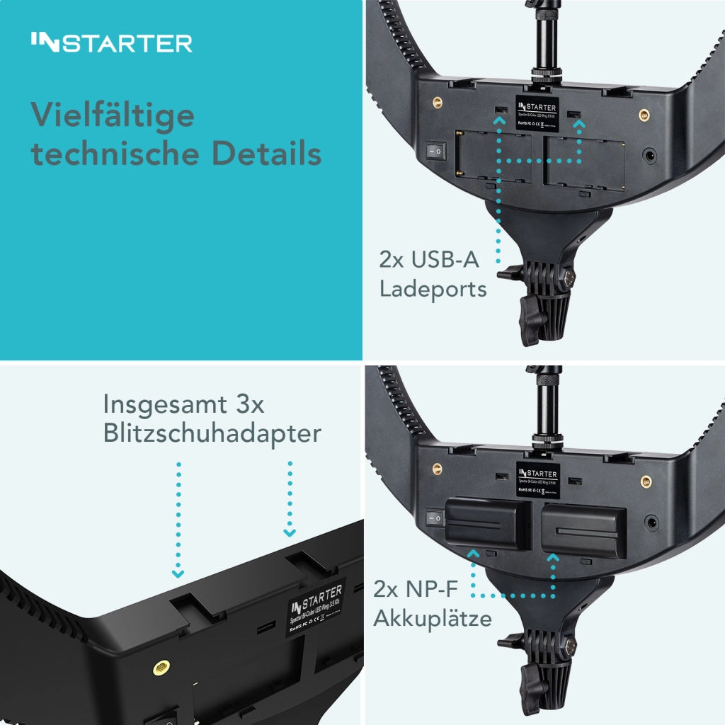 Instarter Ring light a LED con treppiedi, Luce ad anello orientabile a 180°, Lampada per video da 60 W bicolore, illuminazione regolabile