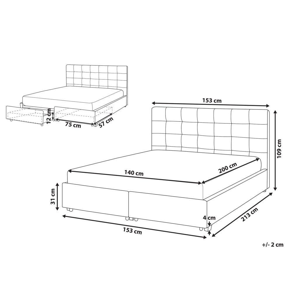 Letto contenitore matrimoniale imbottito grigio chiaro con rete a doghe e cassetti 140 x 200 cm
