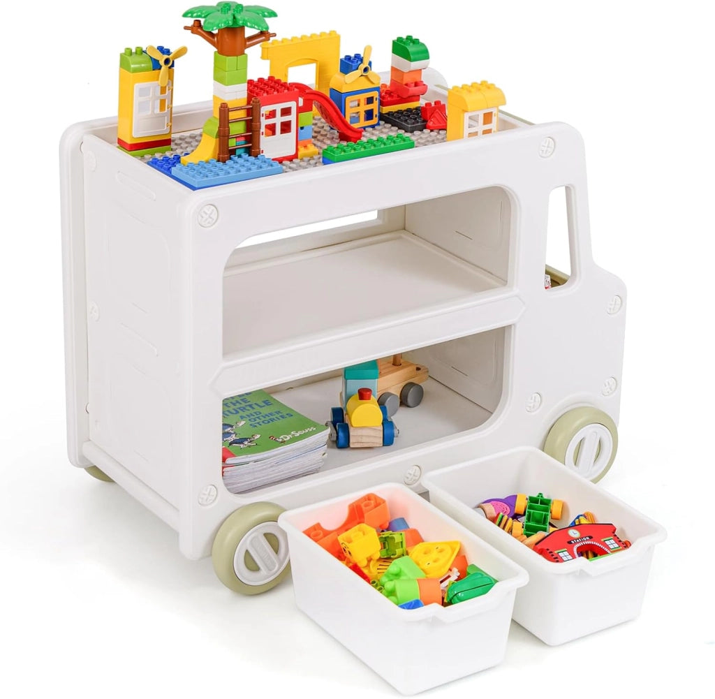 2 in 1 Organizzatore per Bambini, Armadietto Giocattoli a Forma di Auto con Struttura Sicura e 2 Cesti Portaoggetti, Scaffale Apribile a 2 Livelli, Pannello per Costruzioni