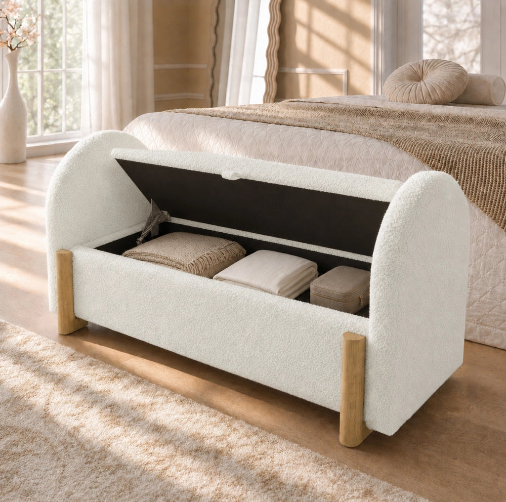 Panca contenitore imbottita con apertura idraulica 106x47x61 cm; bouclé bianco