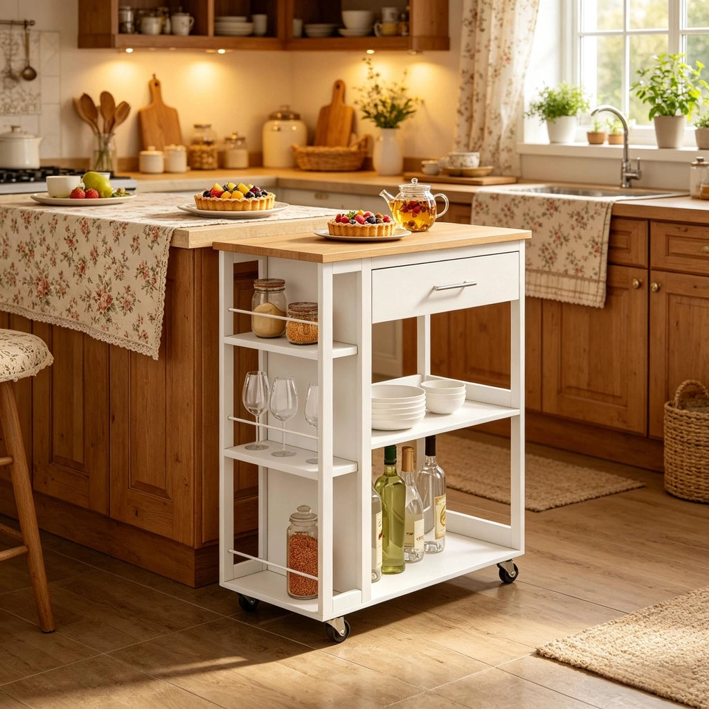 CARRELLO da cucina con cassetto e ripiani 73x38x88 cm MDF bianco effetto legno