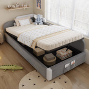 DESMIU Letto per bambini 1 posto con vano contenitore, sponda imbottita e tasca portaoggetti 90 × 200 cm, senza materasso