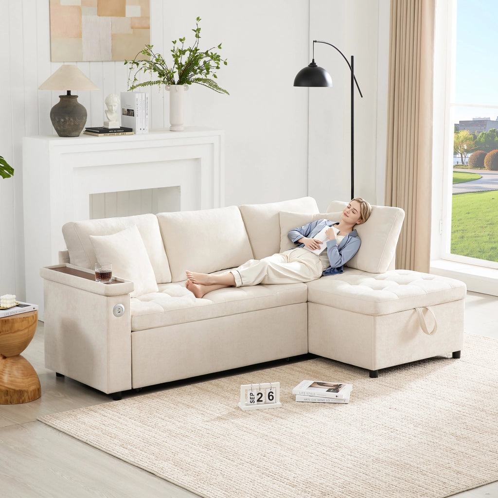 Divano Letto Angolare con Contenitore, USB e Cuscini ¨C MINIMAL ¨C Beige