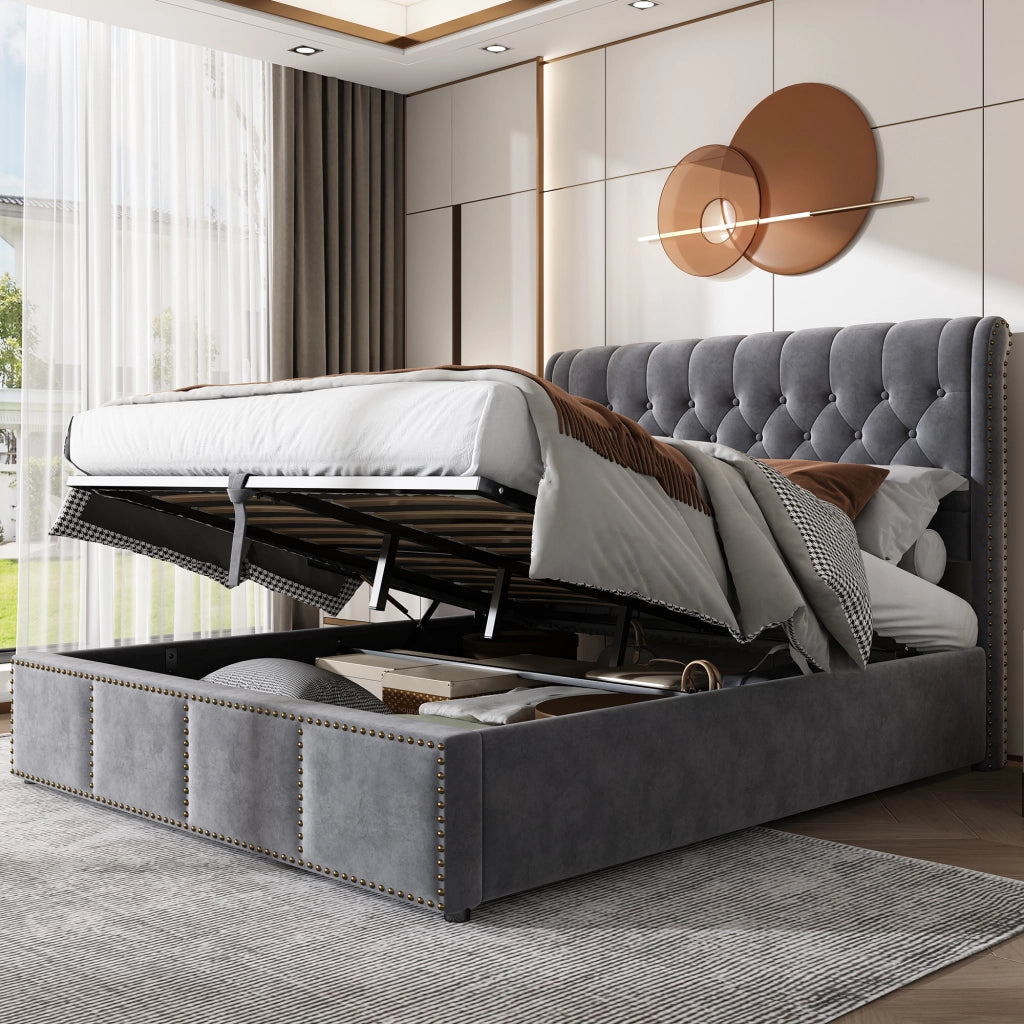 OKWISH Letto Contenitore 140×200 cm, Letto Matrimoniale con Contenitore, Testiera Imbottita e Borchie Decorative, senza Materasso, Velluto, Grigio
