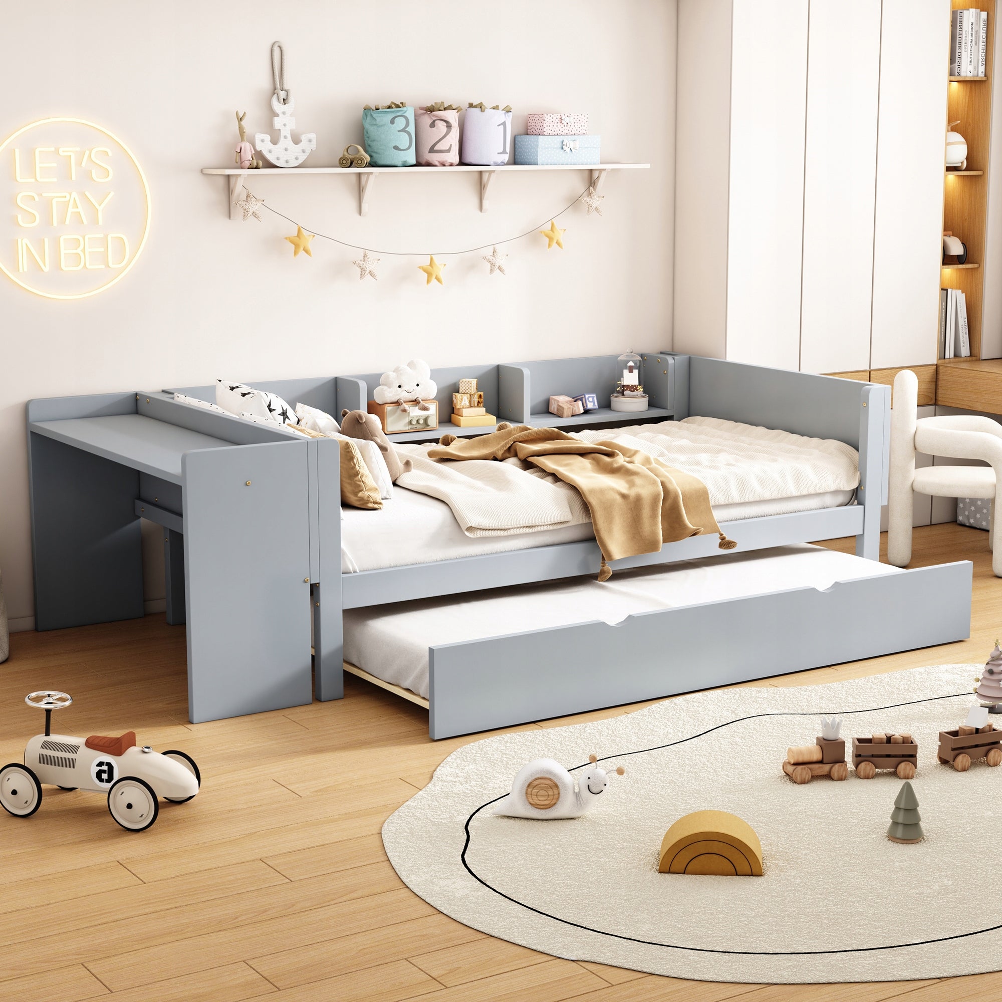 Letto singolo con scrivania e scaffali - Xylo - 90x200 cm - Grigio