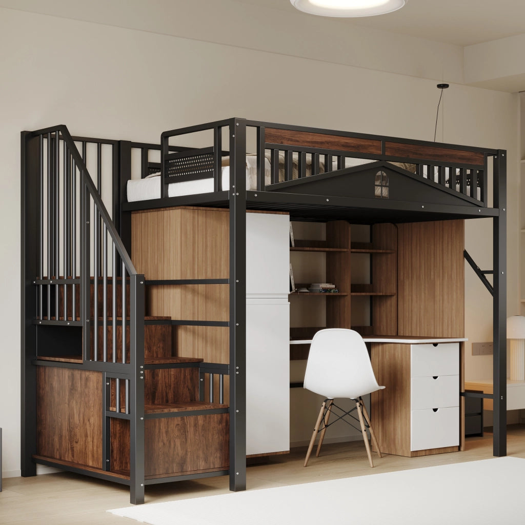 Letto a castello in metallo e legno nero 90x200 cm con recinzione di sicurezza e scala integrata