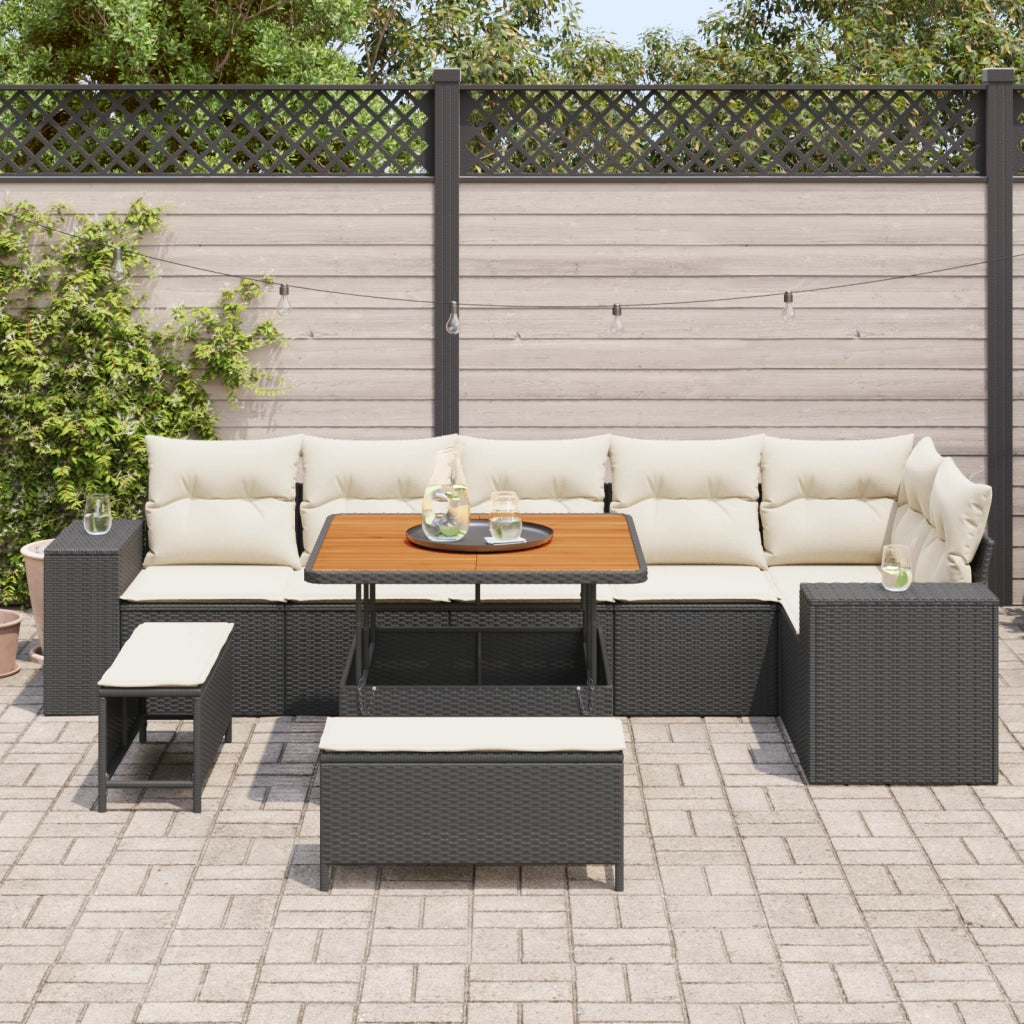 Set Divano da Giardino  9 Pezzi con Cuscini Polyrattan Nero Acacia