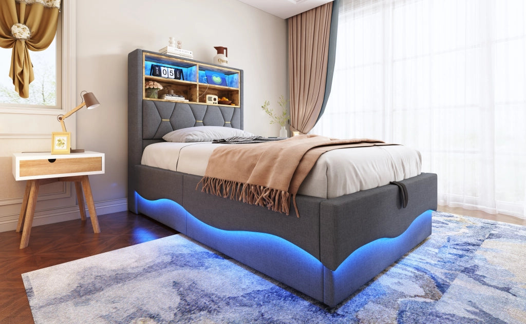 DESMIU Lit enfant 90 × 200 cm con LED, USB, vano idraulico e vano contenitore, senza materasso, grigio
